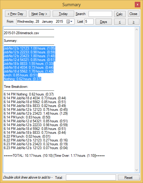 Selected summary lines before opening the calculator